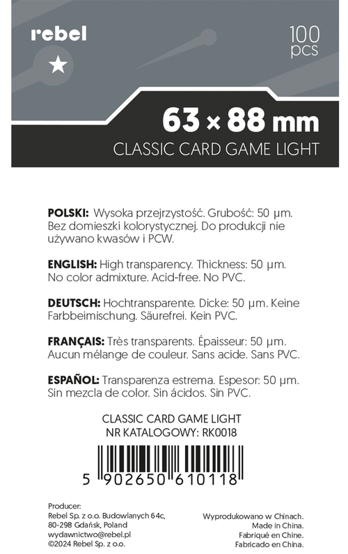 Koszulki na karty Rebel (63x88 mm) Corvus Light, 100 sztuk